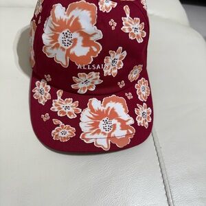 All Saints Floral Baseball Cap in Burgundy with Peach & White Blooms